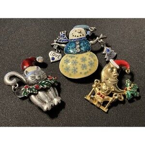 3 Christmas Brooches, Snowman, Cat & Moon